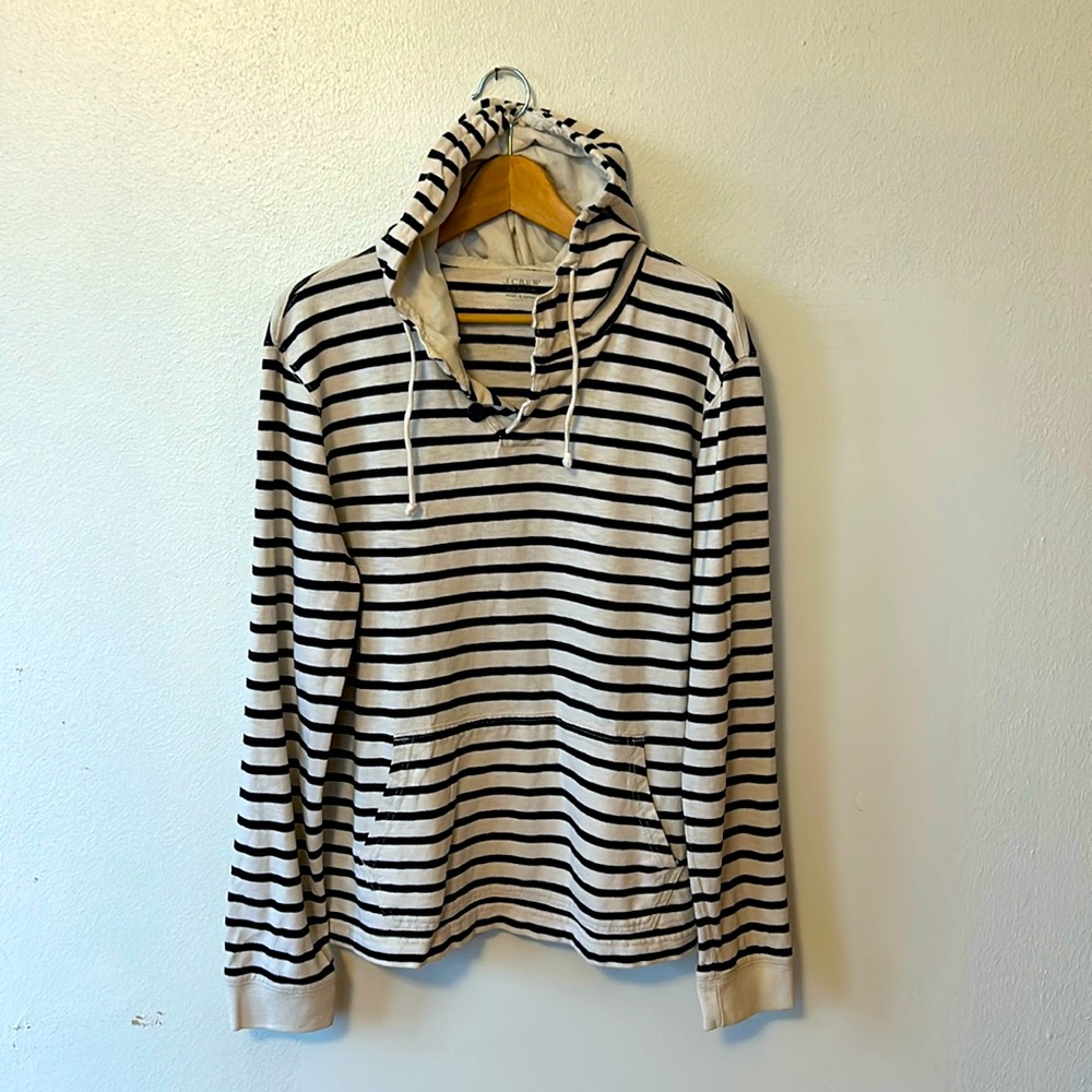 🌻SOLD J. Crew Long Sleeve Pullover Hoodie Men’s Size Medium White Blue Stripes